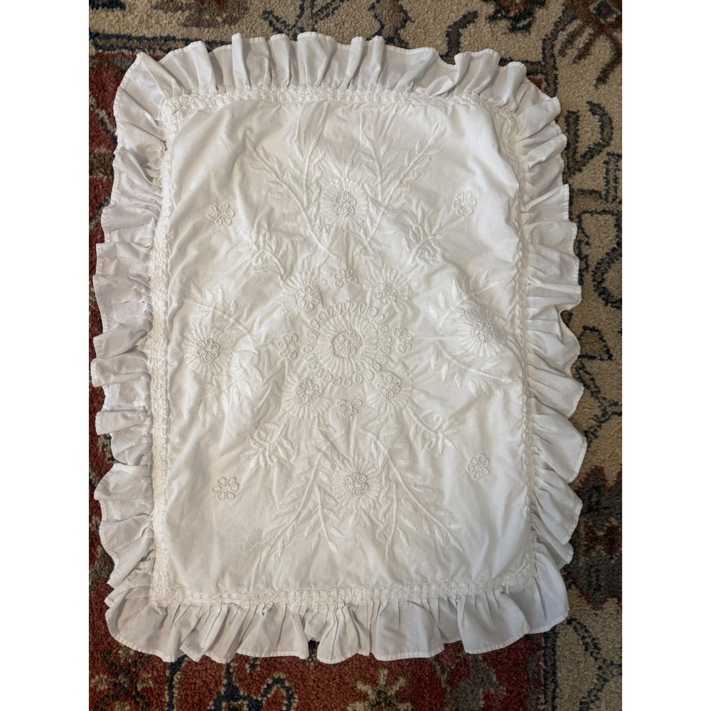 Pottery Barn Sham 1 White Ruffle Embroidered Standard Cottagecore French Country